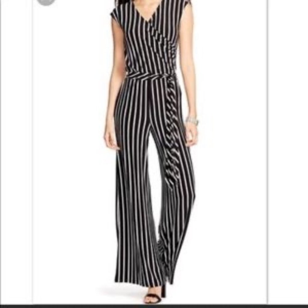 Ralph Lauren Navy Blue and White Striped Wide Leg Jumpsuit - Size Small